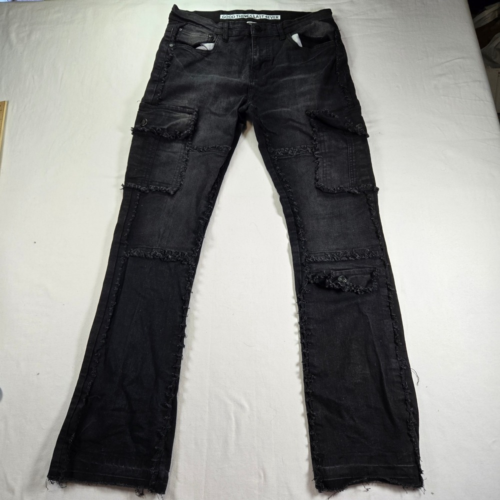 GOOD THINGS‎ LAST 4EVER Mens Black Distressed Cargo Jeans Size 32x32